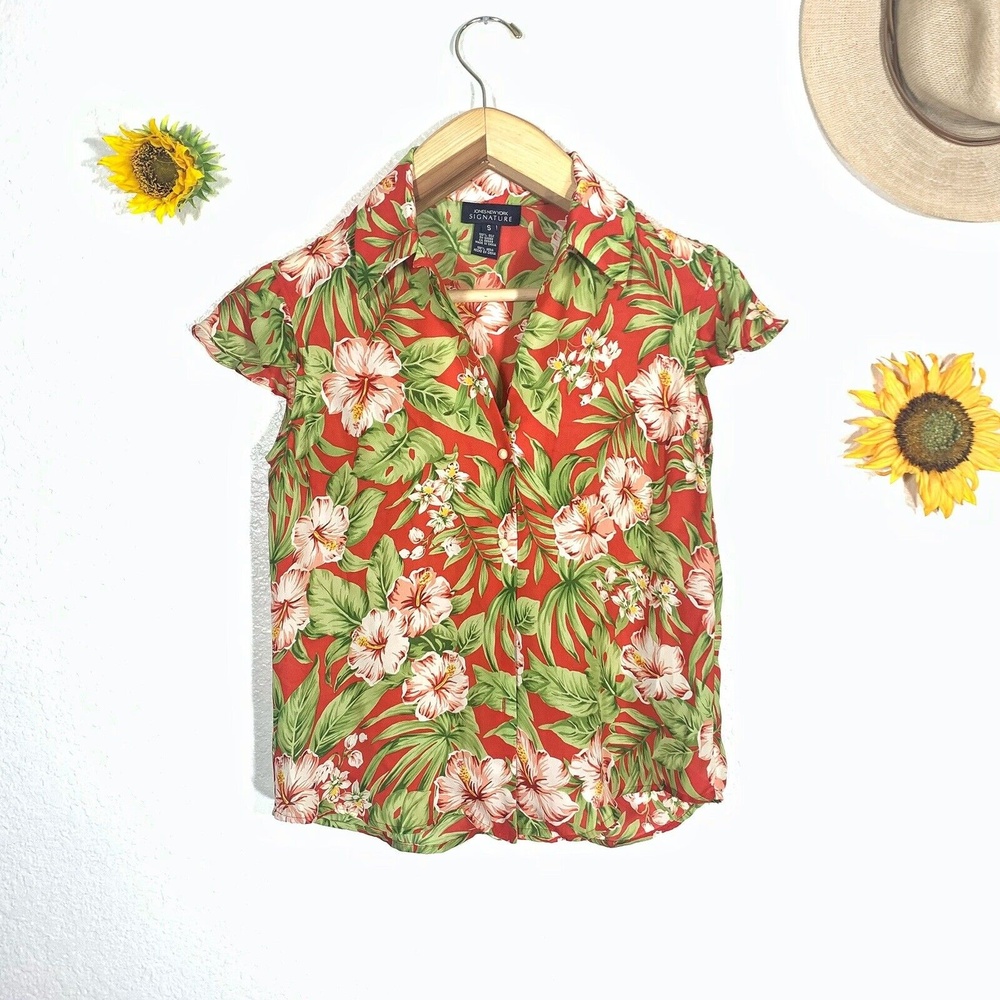 Jones New York Signature Tropical Floral 100% Short Sleeve Blouse Sz Small Women